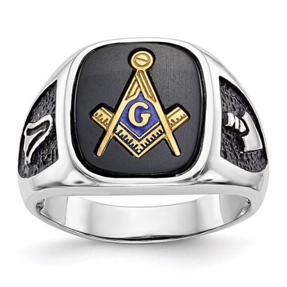 14k White Gold and Onyx Masonic Ring - Picture 1 of 6